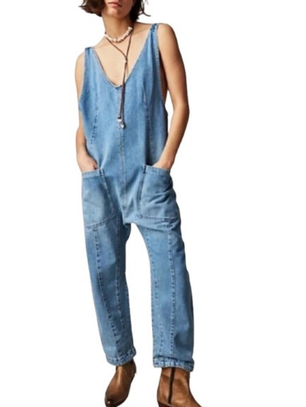 We The Free/Free People High Roller Denim Jumpsuit Slouchy Overalls Size XL